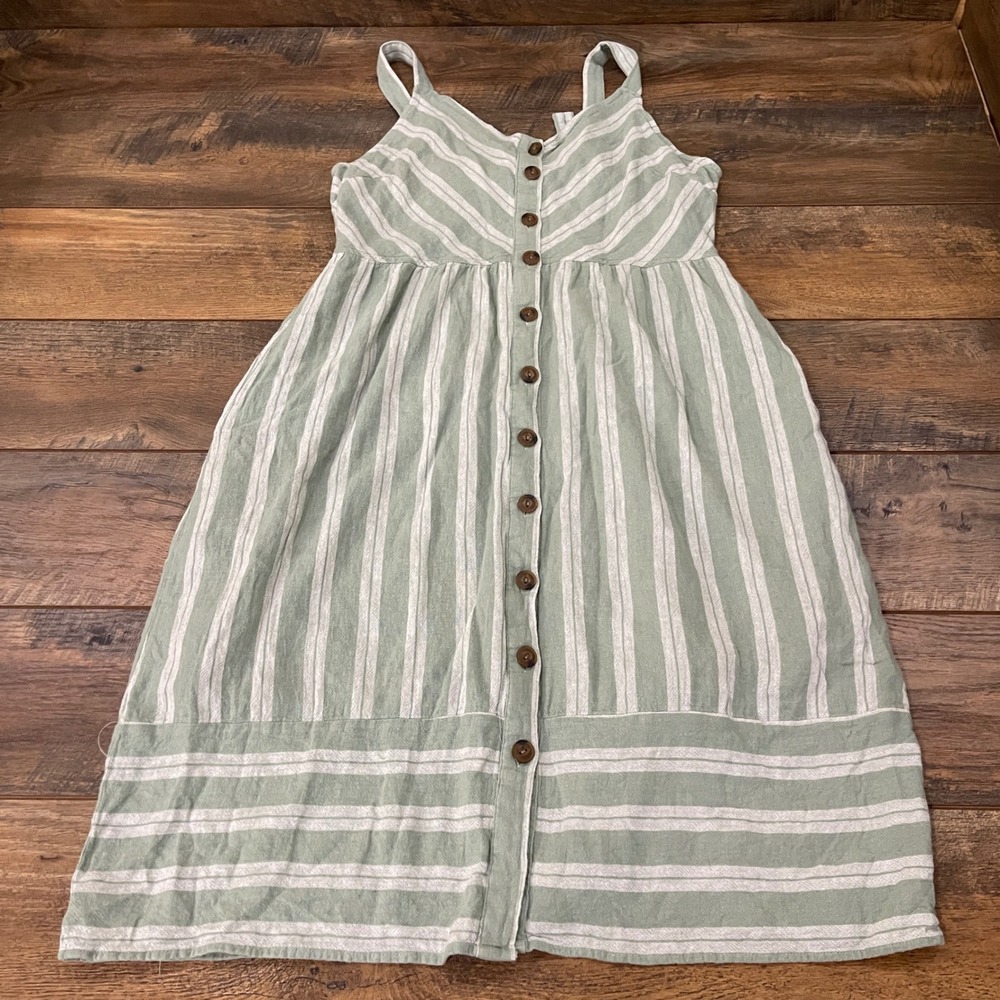 Universal Thread Sage Green Striped Linen Blend Button Front Midi Dress Large